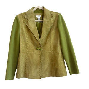 StoneBridge Chartreuse Leather and Wool Blend Single Closure Rustic, Boho Coat